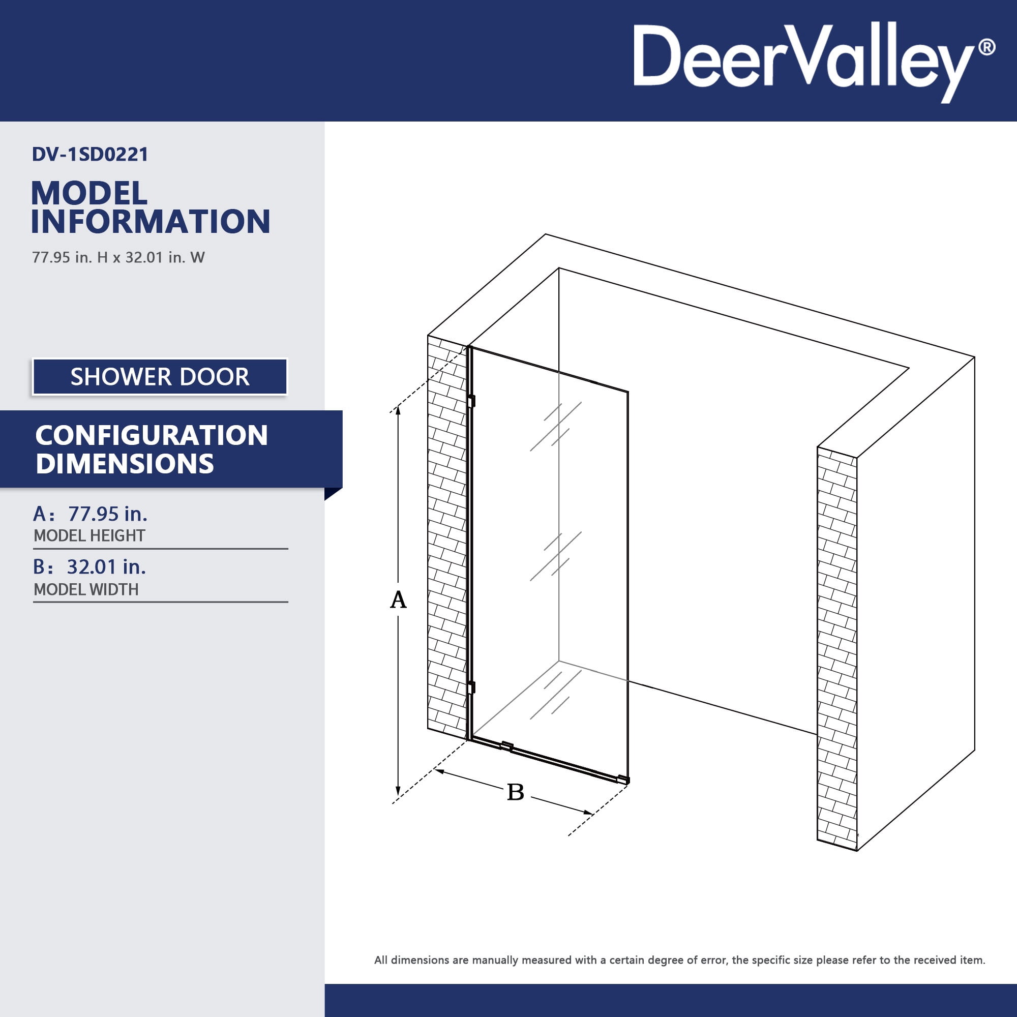 DV-1SD0221S Single Fixed Glass Panel For Shower 32"×78", Thick Frameless Tempered Safety Glass Shower Screen