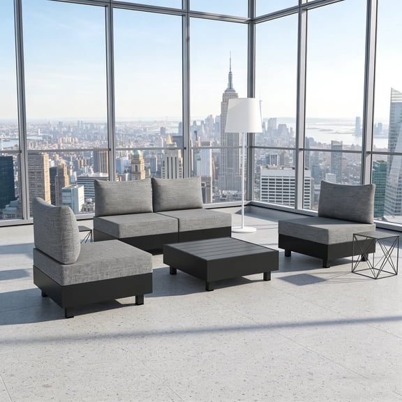 KIOOTTO 5-Piece Modular Outdoor Aluminum Sectional Sofa Set, 4 Armless Chairs with 6" Thick Cushions & Coffee Table, Gray (Ships in 3 Boxes)