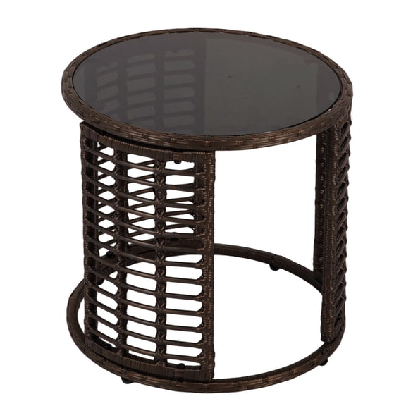 Kinbor Round Outdoor Wicker Coffee Table – Patio Side Table with Tempered Glass Top, Ottoman Style End Table for Balcony, Porch, Deck, Garden, Weather-Resistant Rattan, Easy Assembly
