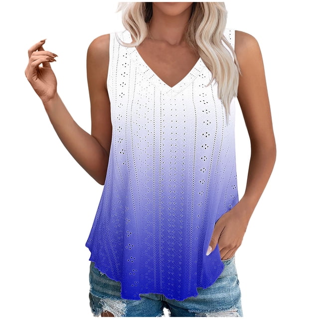 Plebaso Womens Tank Tops V Neck Gradient Lightweight Eyelet Shirts Flowy Loose Summer Sleeveless Blouses