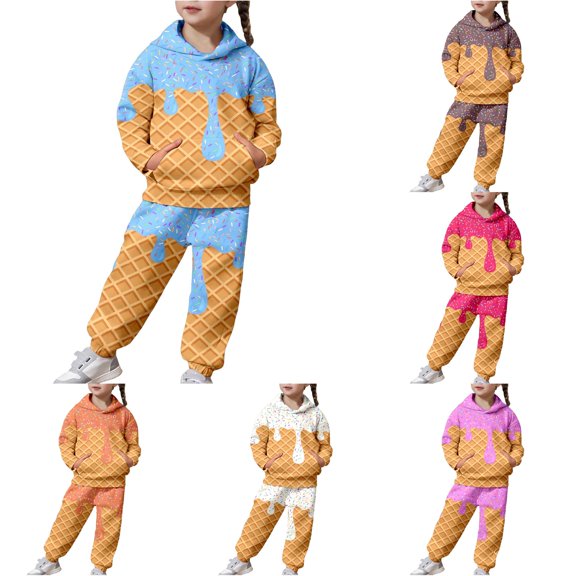 RMGVDSD Back To School Girls Sweatsuits Ice Cream Print Hoodie Set Long Sleeve Sweatshirt and Sweatpants 2 Piece Kids Fall Clothing Sets 6-7 Years