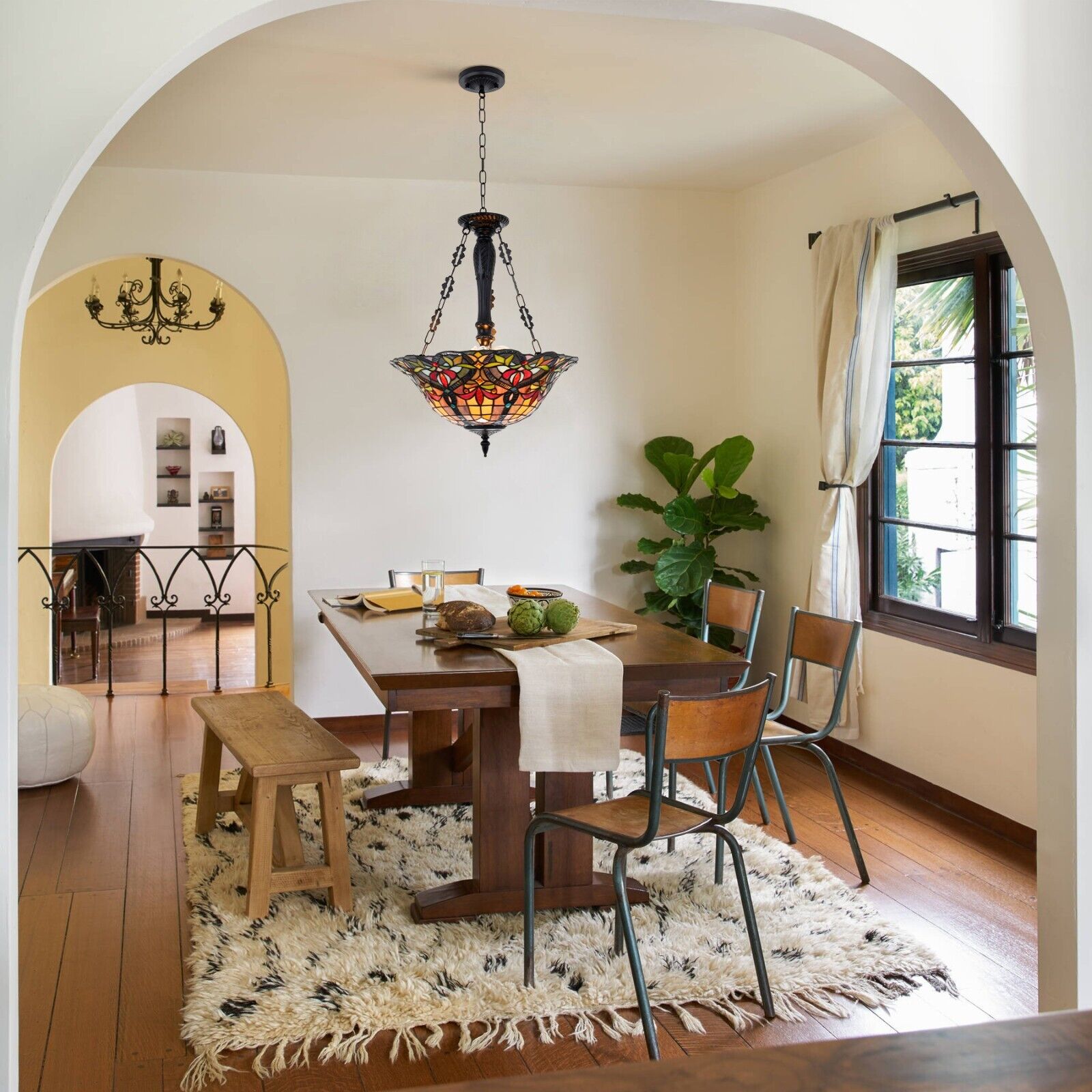 AFANQI 18 inch Tiffany Style Chandelier, 3 Light Stained Glass Dining Room Hanging Chandelier