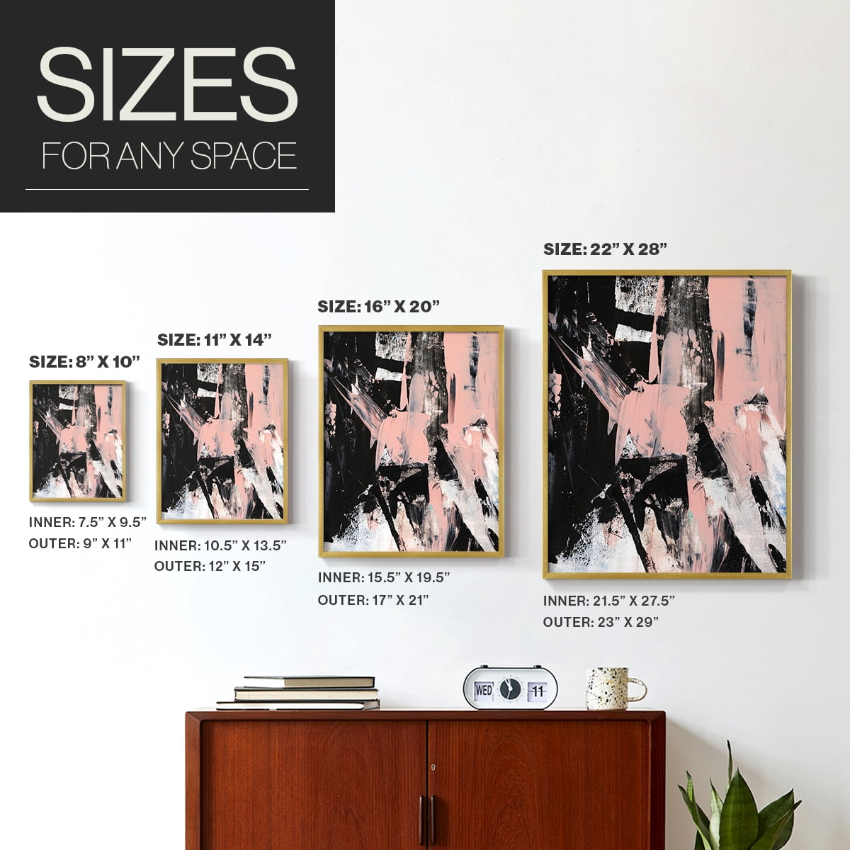 Black & Blush II Framed Print in Gold Solid Wood Framed Print No Nail Hanging