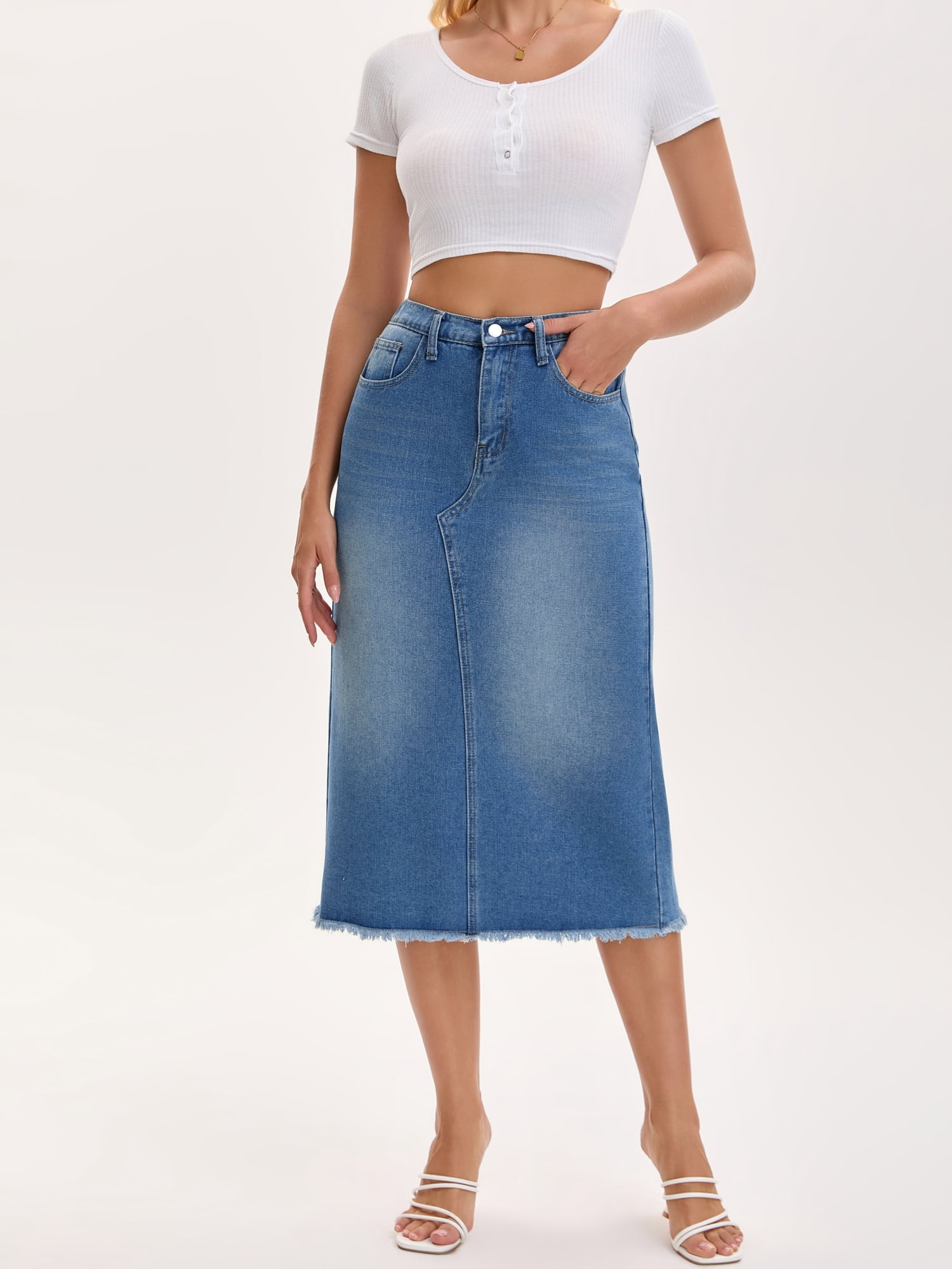 DARING DIVA Women's Long Denim Split Back Pockets Maxi Jean Skirts X-Large Blue
