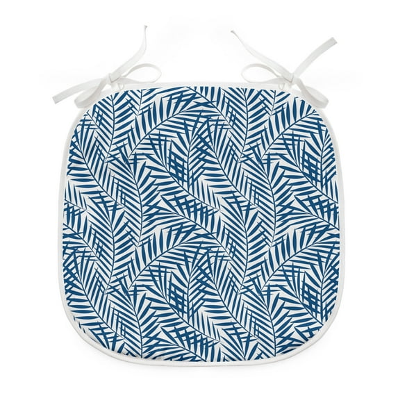 Navy Blue Dining Chair Pad, Tropical Rainforest Inspirations Blue Palm Tree Leaves Abstract Exotic Nature, Water Resistant Pillow with Straps for Kitchen Seats, 4 Pieces Set, Blue White, by Ambesonne