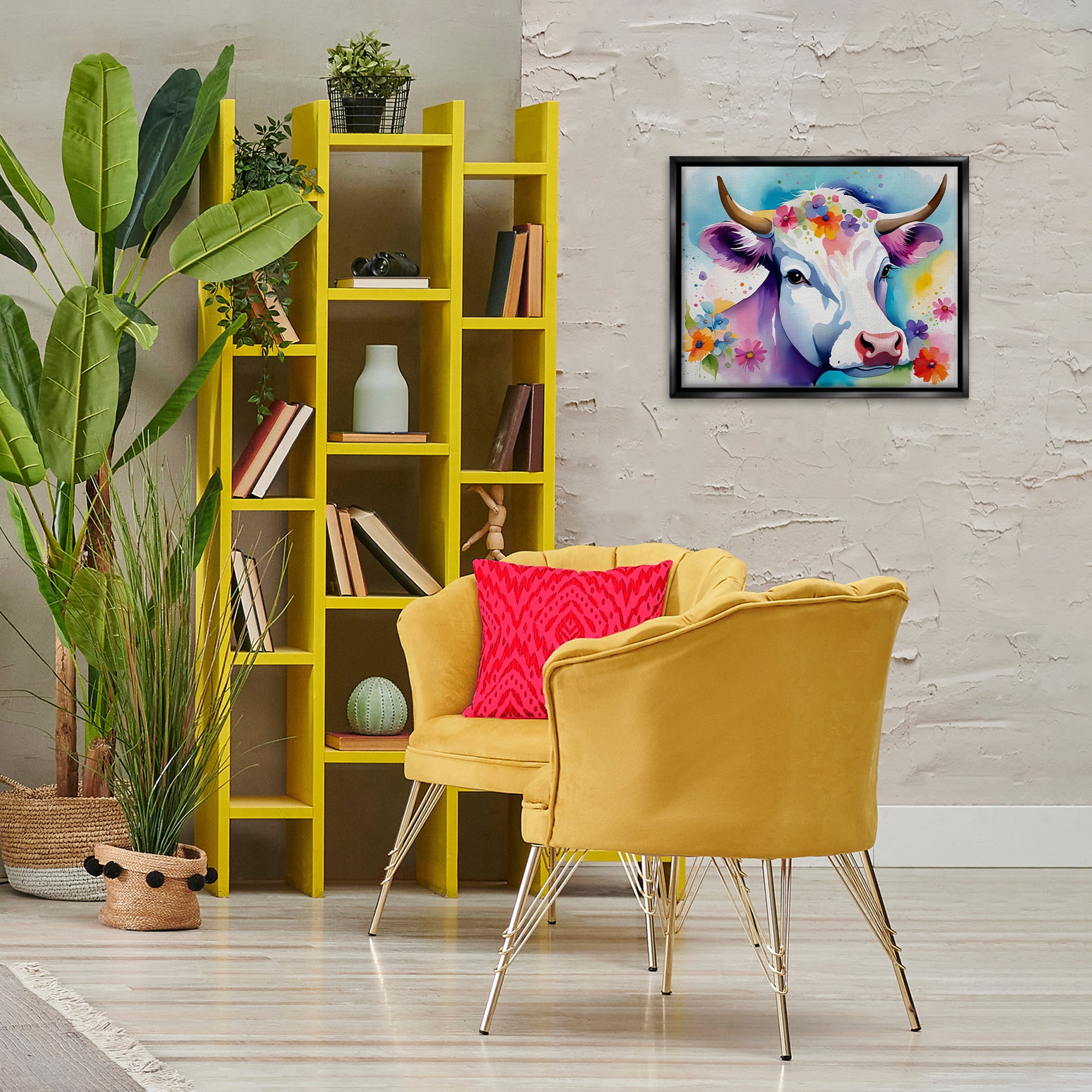Stupell Industries Flower Speckled Cow Animals & Insects Painting Black Floater Framed Canvas Art Print Wall Art, 21 x 17