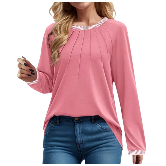 aidice Shirts for Women Casual Round Neck Long Sleeve Shirts Comfy Fitting Ruched Solid Color Tops