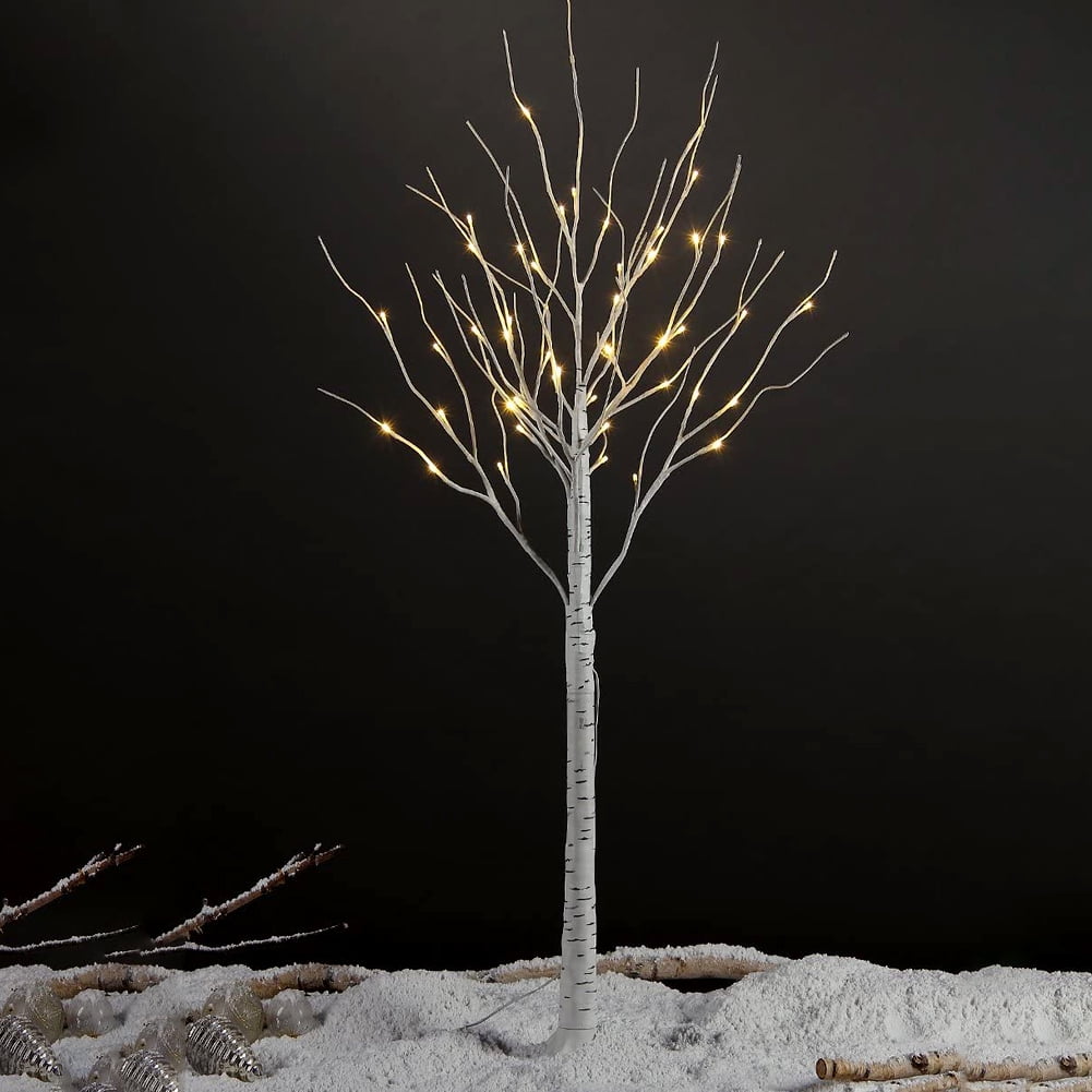 Prelit Birch Tree with Lights, 4 Ft White Christmas Tree with 48 Warm White LED Lights