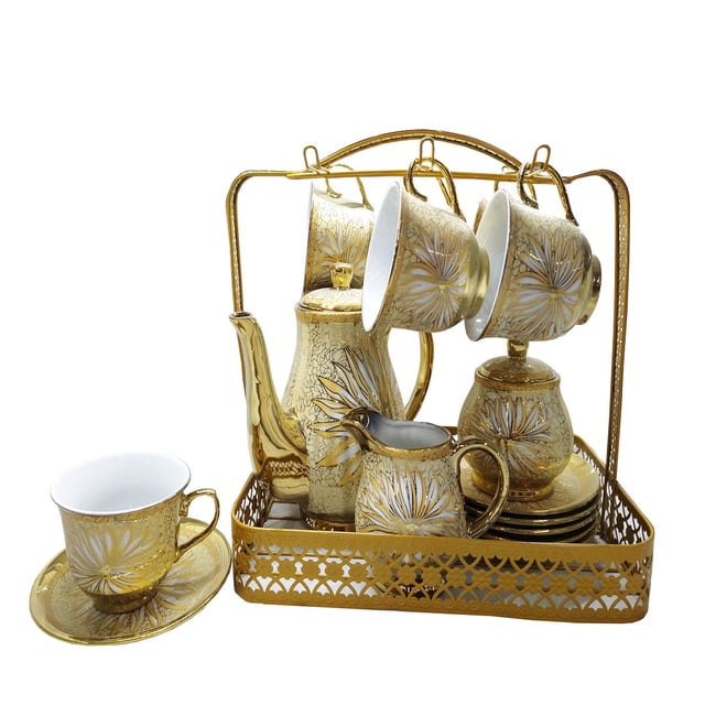 Juego de Té Porcelana Importación Vintage Dorado Blanco 15 Piezas
