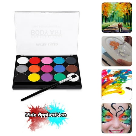 Face Paint Kit Professional Water Based Body Paint 15 Colors Washable Non-Toxic Paints 1 Paintbrush for Kid Sensitive Skin Halloween Costume Makeup Party Supplies