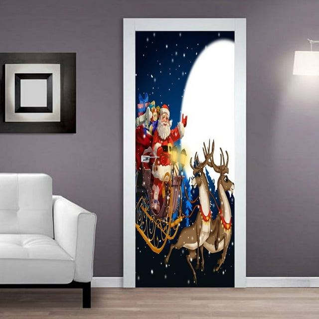 90 x 200 cm Etiqueta de la puerta(G)Póster de puerta 3D Etiqueta de Papá Noel dando a los niños regalos de Navidad Vinilo Puerta Cartel Etiqueta de la pared Papel tapiz Decoración artística