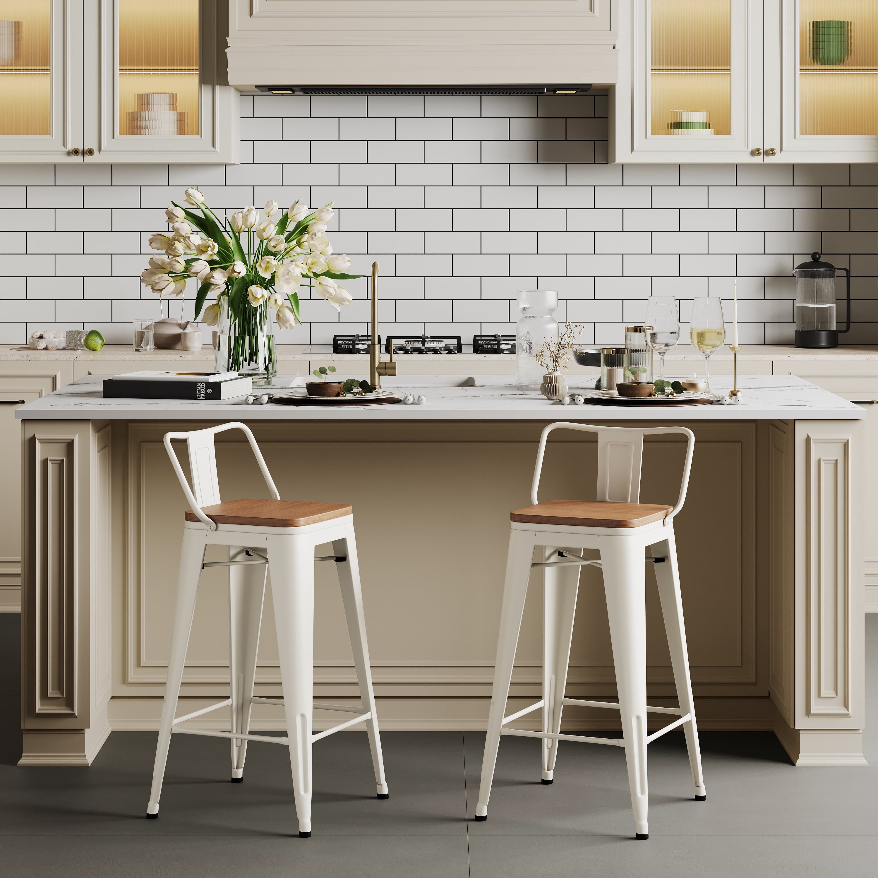 Andeworld 24" Bar Stools with Back Counter Height Stool with Wood Seat Metal Bar Stools, set of 2