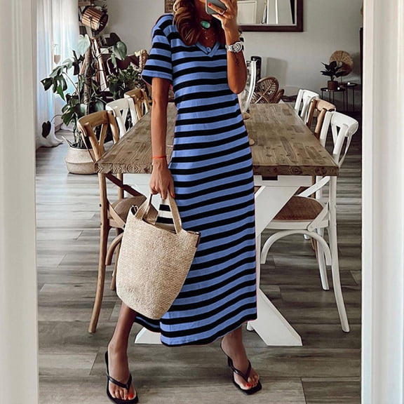 ClodeEU Women's Striped V Neck Short Sleeve Side Split Midi Dress,Soft Knit Casual Summer Dress Blue,Women's Plus L