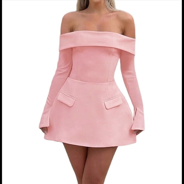 Vestido Mini para Mujer, con Hombros Descubiertos, Larga, Corte A, Vestido Formal Corto, para Fiesta y Club Rosa L