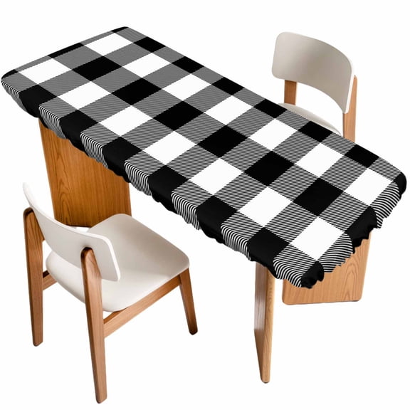 Black White Plaid Table Cloths for 8 Foot Rectangle Tables, Farmhouse Modern Abstract Art Buffalo Patio Waterproof Elastic Fitted Tablecloths, Washable Rectangular Table Cover for Camping