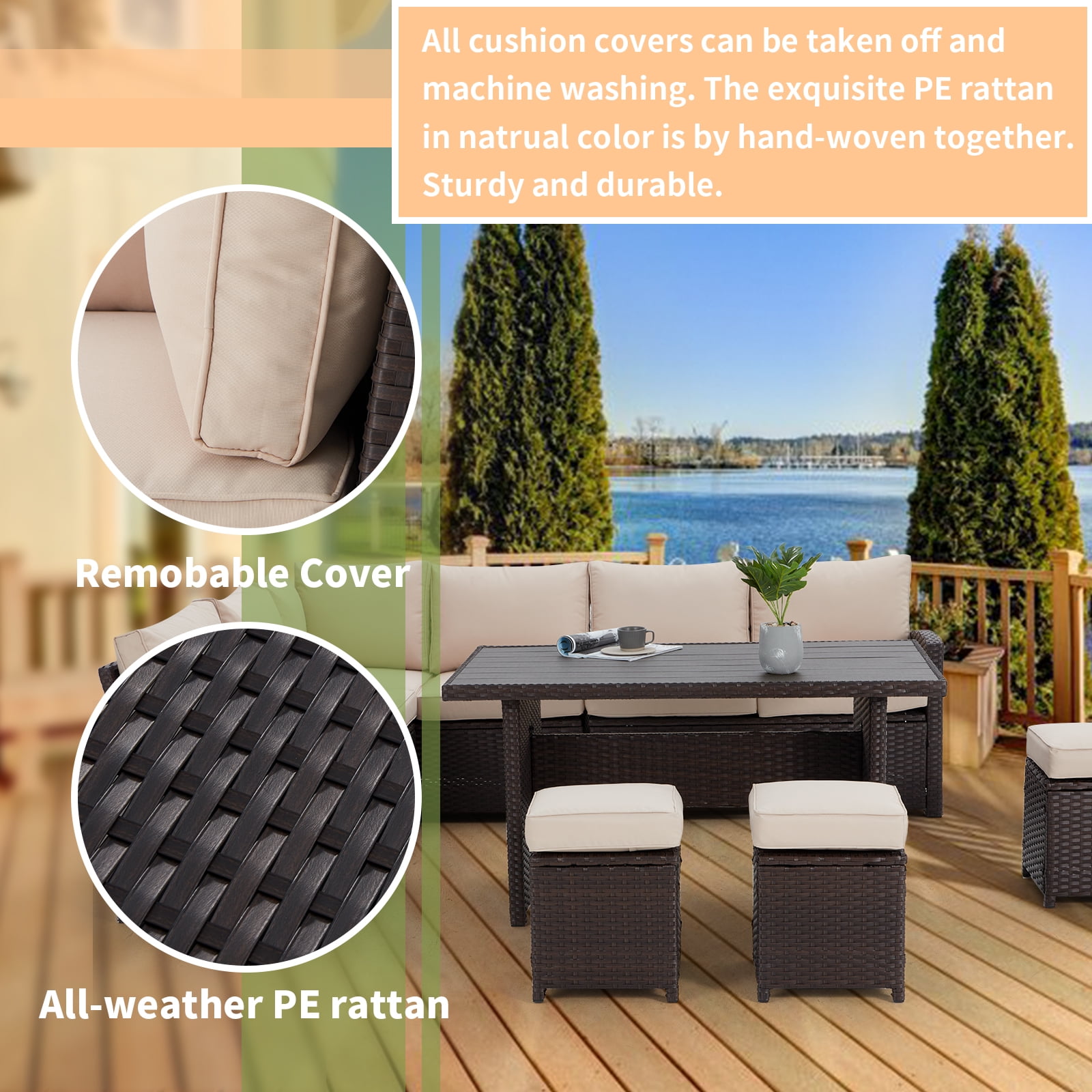 AECOJOY 7 Piece Patio Conversation Set, Outdoor Sectional Sofa Rattan Wicker Dining Furniture in Beige