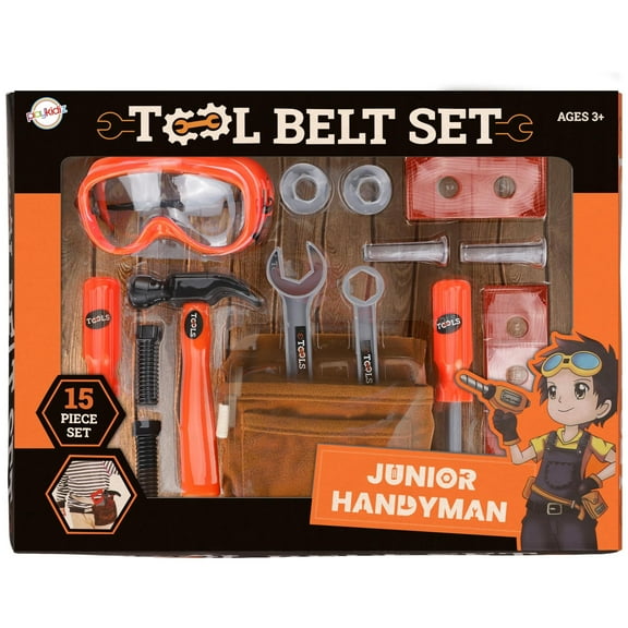 Playkidiz Kids Tool Belt Set - Adjustable Toddler Tool Belt to Pretend Construction, 15pc Durable Kids Toy Tool Set for Learning, Tool Toys for Ages 3 