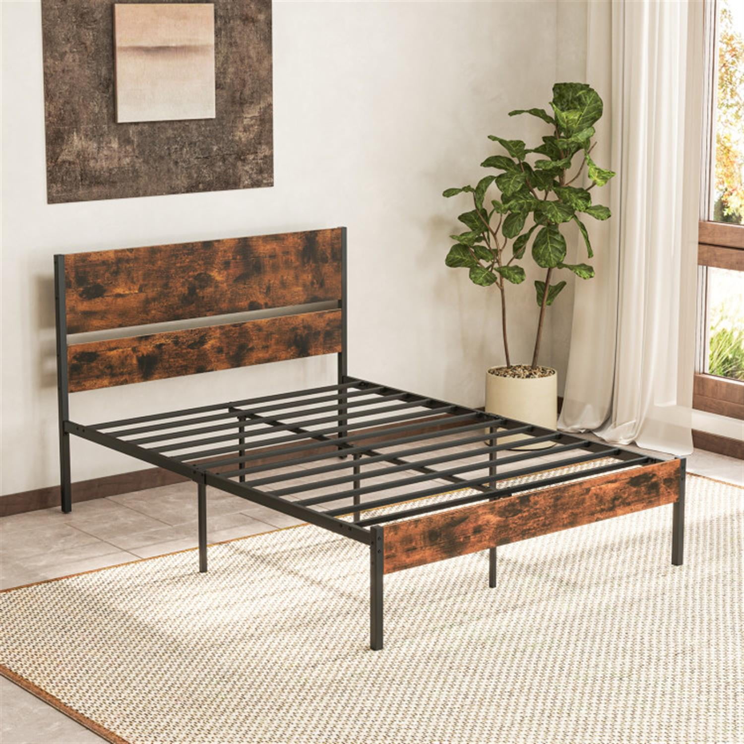 Demi Bonn Full Size Bed Frame with Wooden Headboard and Footboard, Modern Metal Platform Bed Frame with Under Bed Storage, No Box Spring Needed, Brown