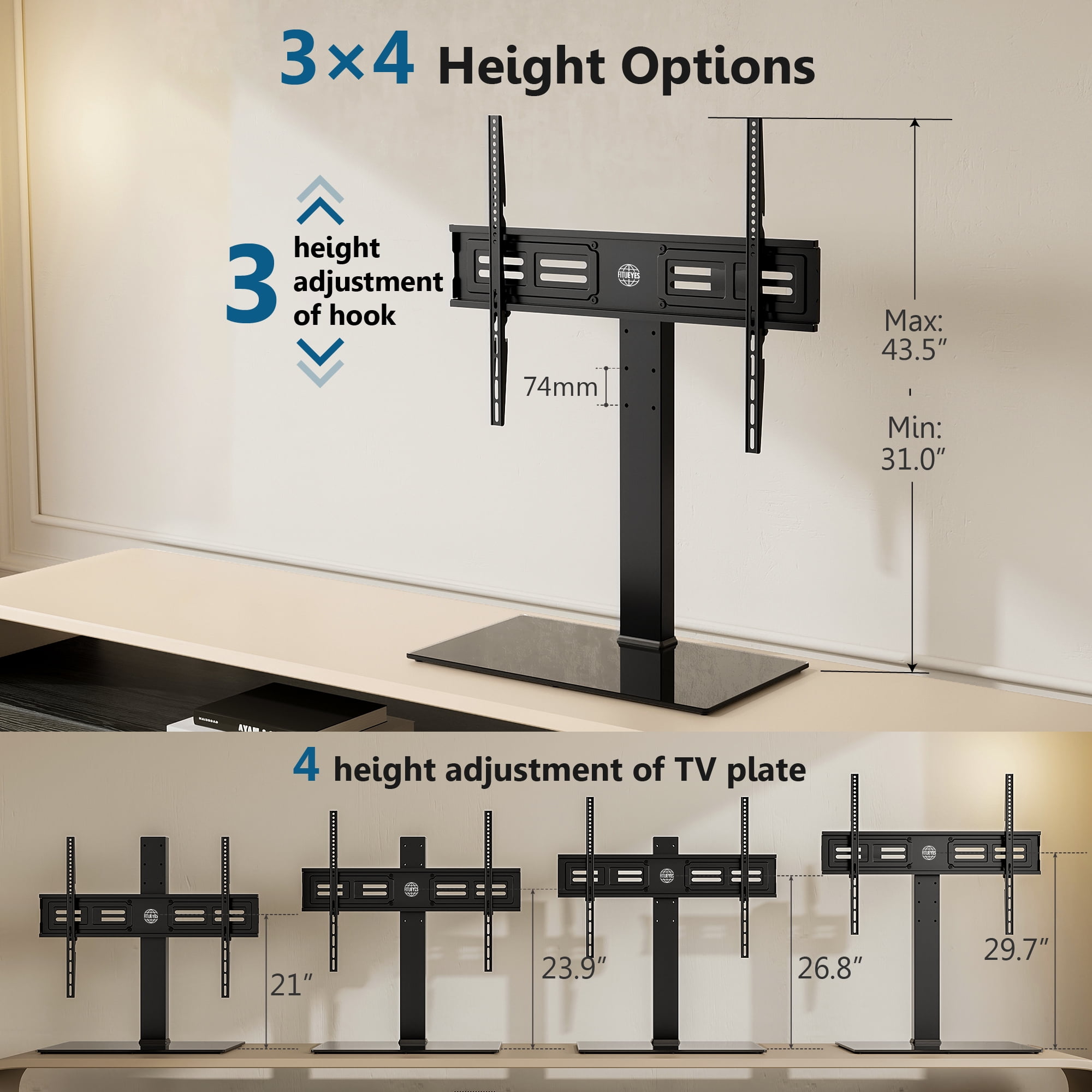 FITUEYES TV-vloerstandaard m met ijzeren voet voor 50-85 inch tv, draaibaar en in hoogte verstelbare hoge tv-standaard met verstelbare metalen plank, Max VESA 800x400 mm