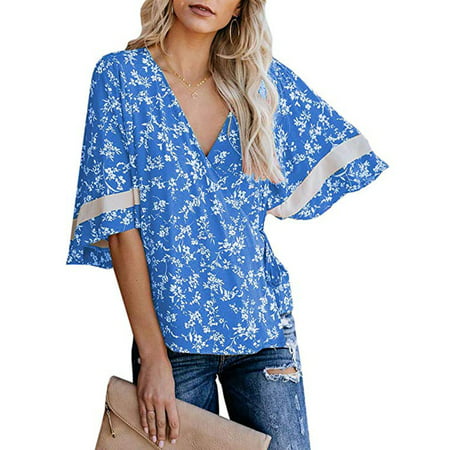 Womens V Neck Wrap Tops Short Sleeve Floral Print Loose Fitting Blouses
