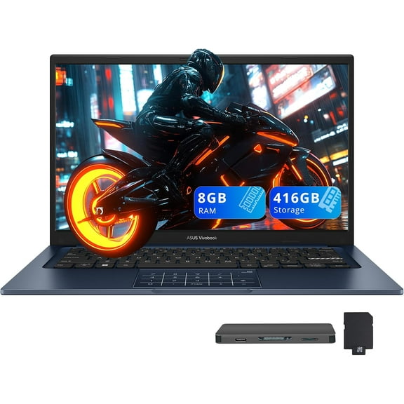 ASUS Vivobook 14" FHD Business Laptop, Intel Core 5 120U, 8GB RAM, 416GB Storage (256GB SSD 160GB Docking Station Set), Intel Graphics, Numeric Keypad, HD Camera, Win 11, Blue