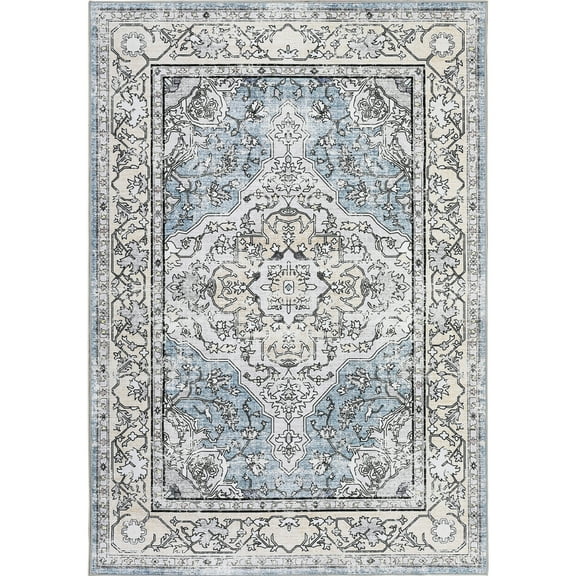 Yesfashion Carpets Area Rugs Washable 1150Gsm Velvet Pearl Velvet Washed Back Folding Printed Carpet Persia-Fangya Blue tint 5*7ft
