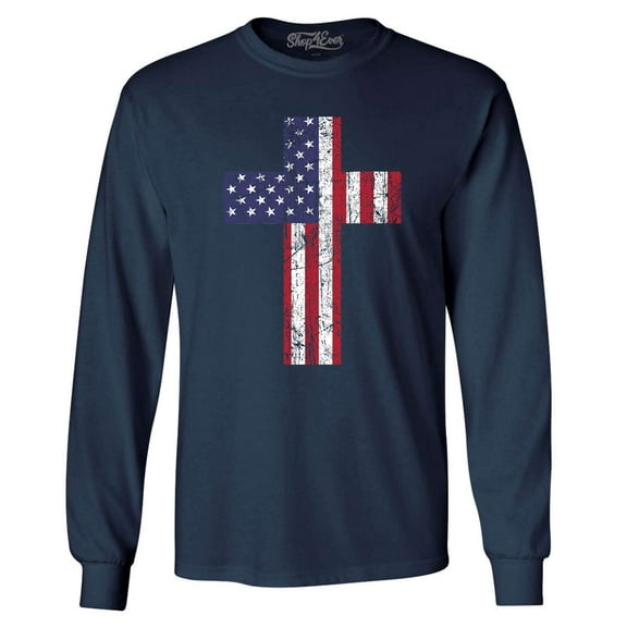 Shop4Ever Men's Distressed American Flag Cross Long Sleeve Shirt Small Navy