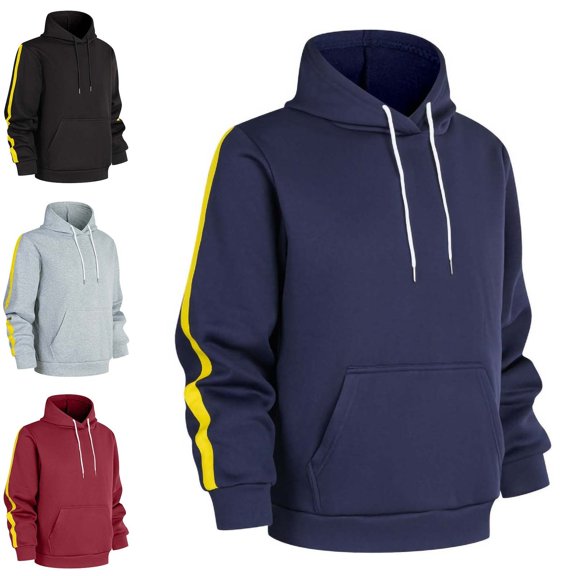 Zivyakyron Fall Mens Hoodies Pullover Striped Fleece Long Sleeve Colorblock Streetwear Sweatshirts for Men Loose Gray S