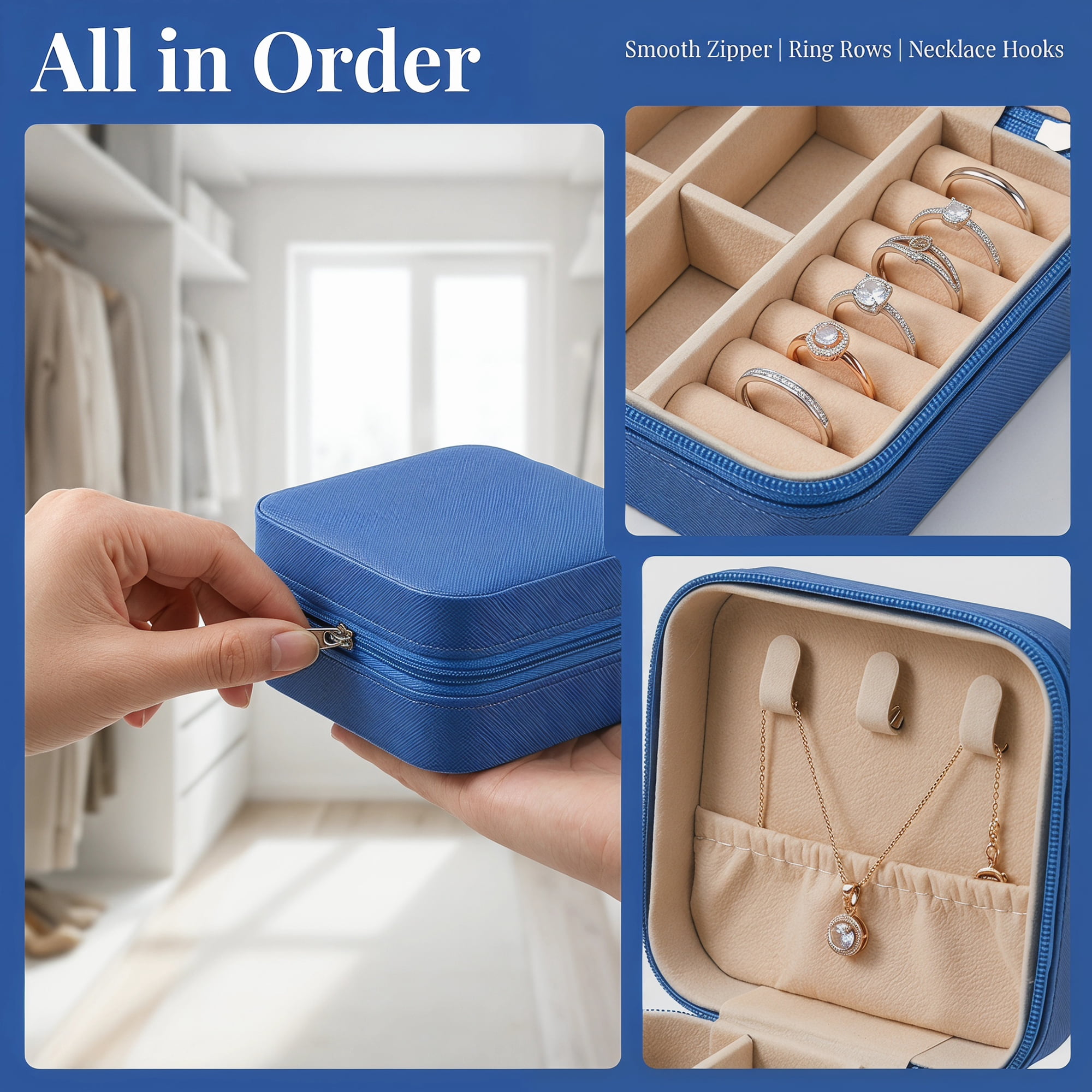 Travel Jewelry Box Mini Portable PU Leather Organizer for Women and Girls Gifts Royal Blue