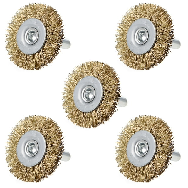 Cepillo de rueda de alambre de 1-1/2 pulgadas, acero crimpado chapado en cobre, vástago de 1/4 de pulgada, 5 piezas