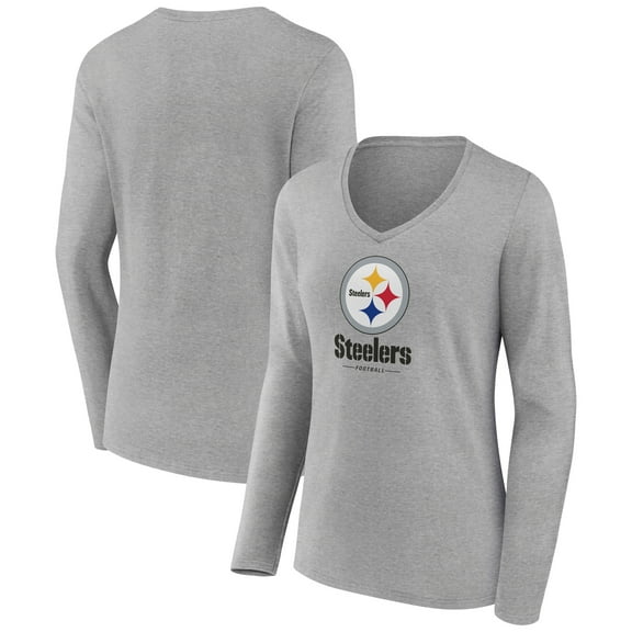 Women's Heather Gray Pittsburgh Steelers Logo Team Lockup Long Sleeve V-Neck T-Shirt