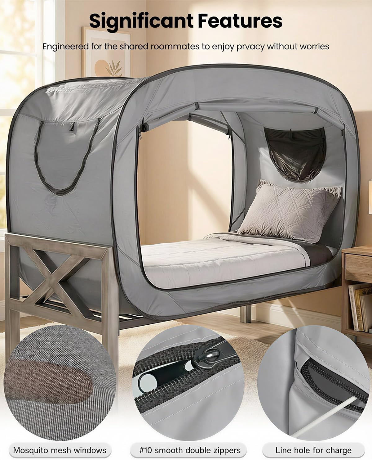 Bed Tent Full Bed Canopy Portable Dream Tent for Adult Indoor Sleeping Tents with 2 Doors Breathable Private Space Tents, Grey