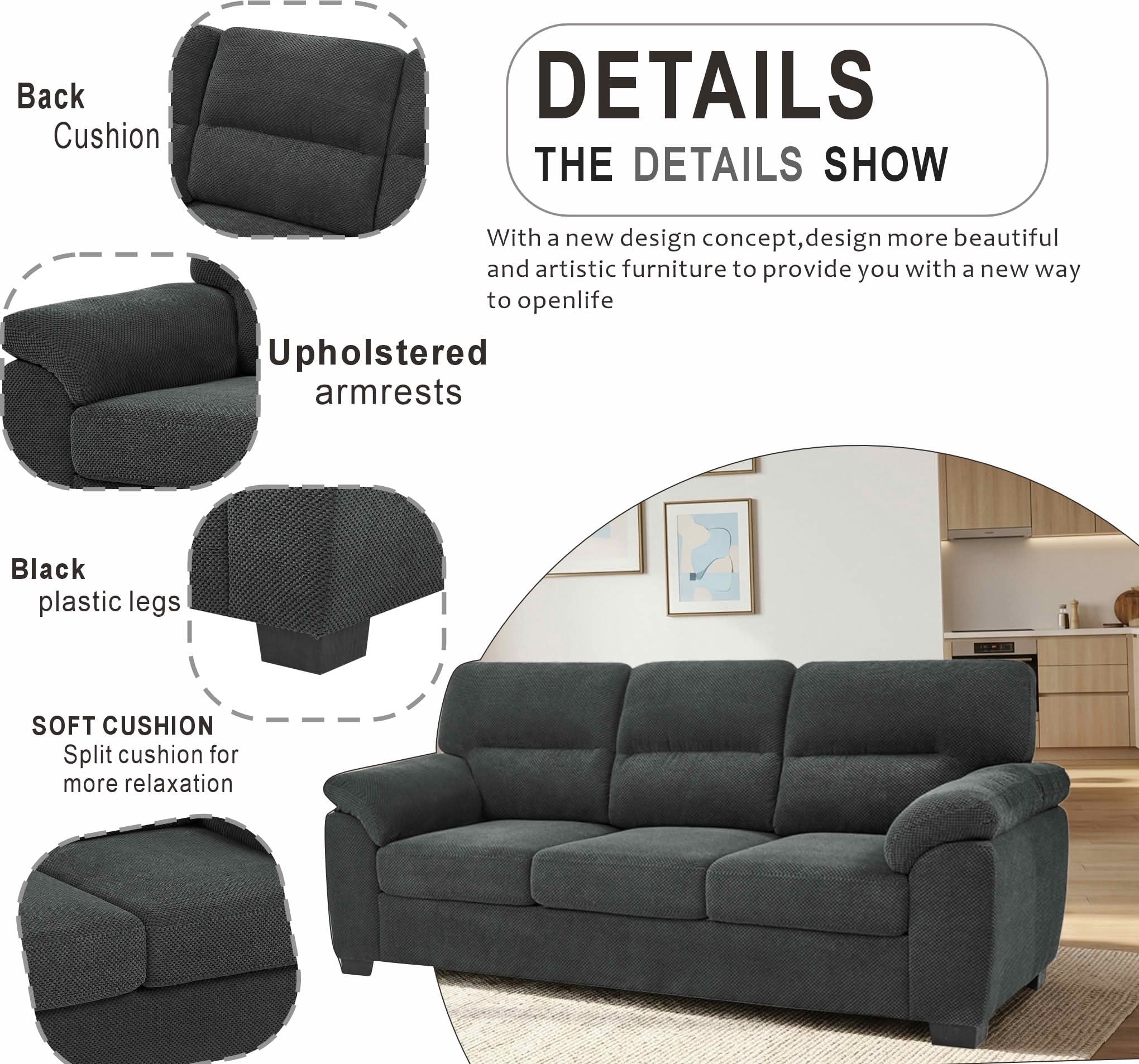 MAYEERTY 81 Inch 3‑Seater Sofa, Modern Textured Fabric Couch with Plush Track Arms & Solid Wood Frame for Living Room