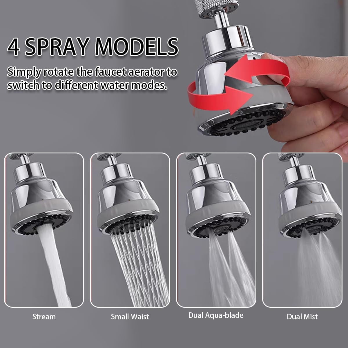 Faucet Aerator Sprayer Attachment, Kitchen Head Replacement with 4 Spray Modes, 360° Swivel Extender Anti-Splash Sink Nozzle (Diamond, Silver)