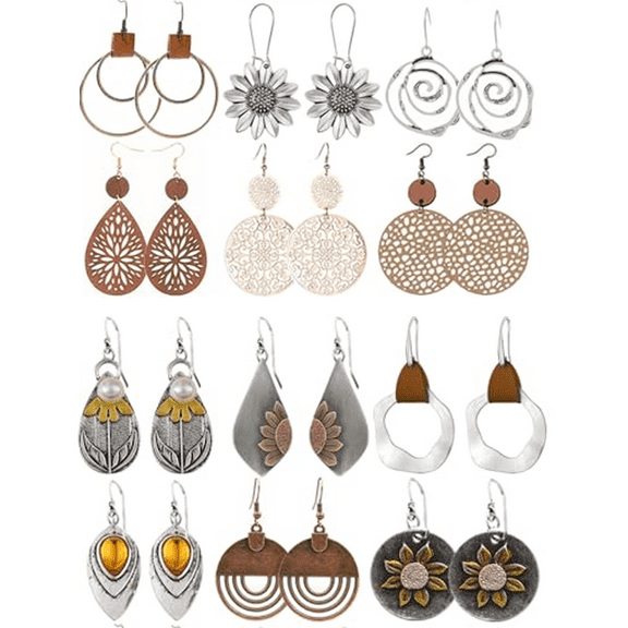 12 Pairs Boho Vintage Geometric Round Earrings Wooden Leather Ethnic Style Vintage Sunflower Earrings Christmas for Women