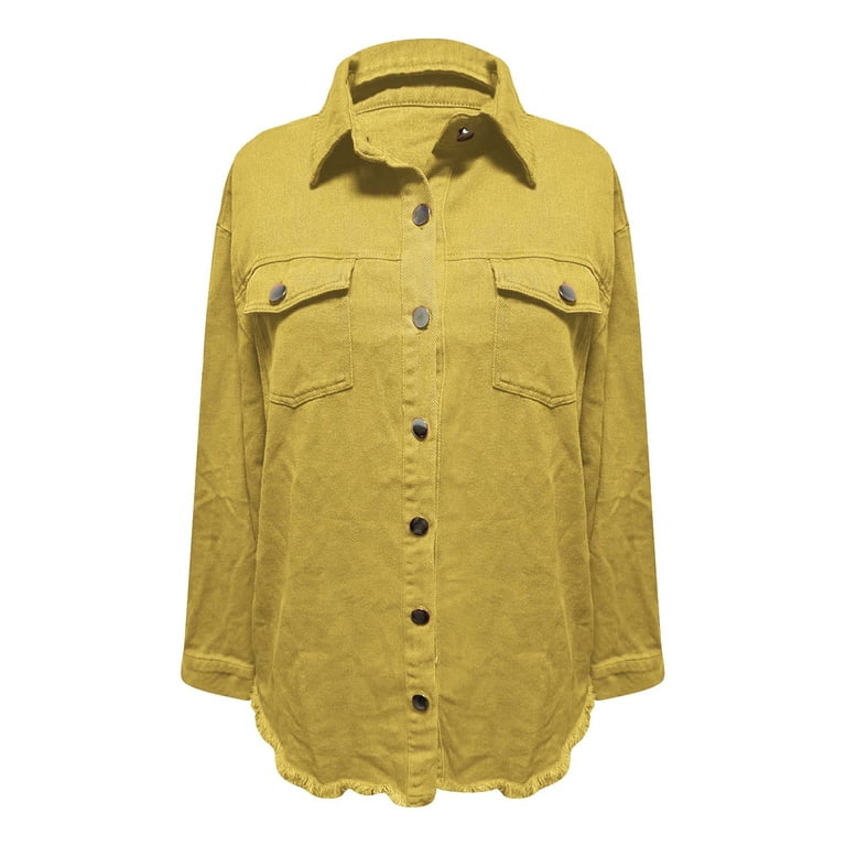 Yellow Womens Summer Tops Washed Denim Shirt Jacket Fashion Casual
