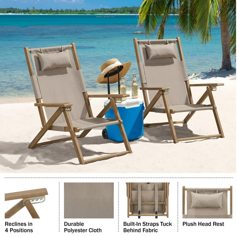 Lavish Home Set of 2 Outdoor Folding Beach Chairs with Carry Straps Taupe