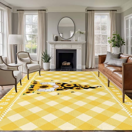 6x9 Area Rugs for Living Room, Yellow Plaid Non Slip Area Rugs for Kitchen Bedroom Entryway, Sunflower Gnomes Elegant Pastoral Washable Carpet Runner Rug Floor Mats for Bedroom Home Decor