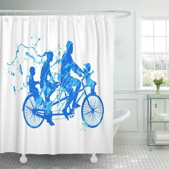 YUSDECOR Blue Bicycle Family Walk on Tandem Bike Splash Paint Bathroom Decor Bath Shower Curtain 60x72 inch