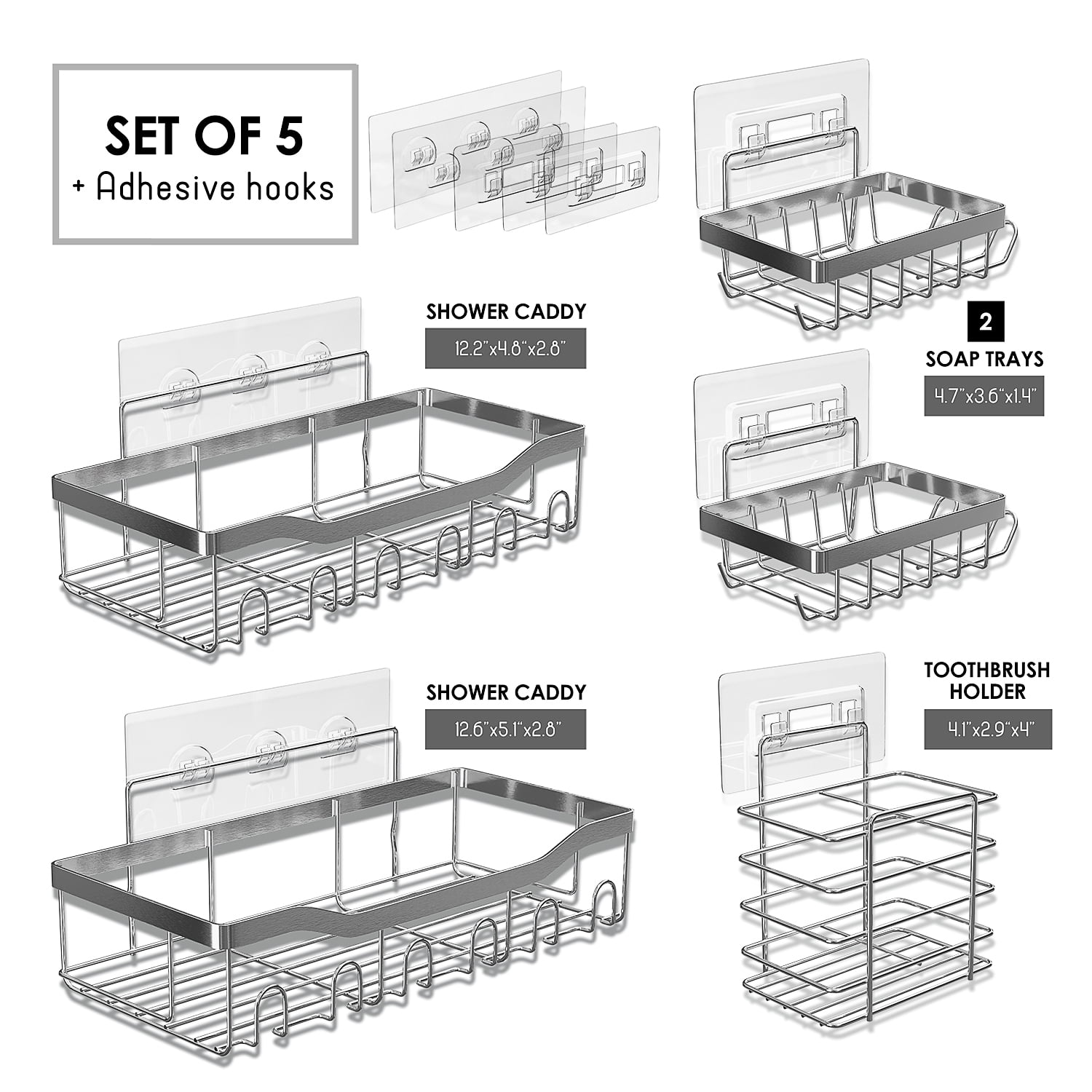 Virtu 5 Pack Adhesive Steel Shower Caddy Organizer, Heavy Duty Stainless Steel Rustproof Shower Caddy, Silver Chrome