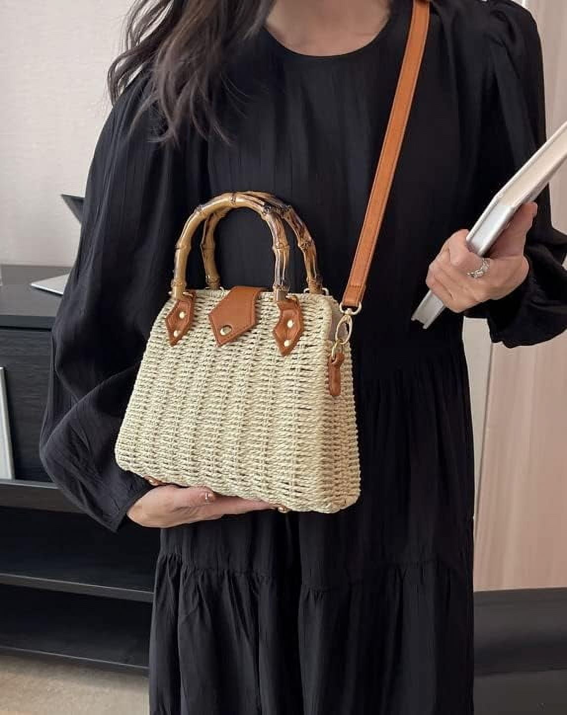 Kukuzhu Straw Tote Bag Purses for Women Large Handbag Casual Crossbody Bag Satchel Bag Beach Bag for Travel Work