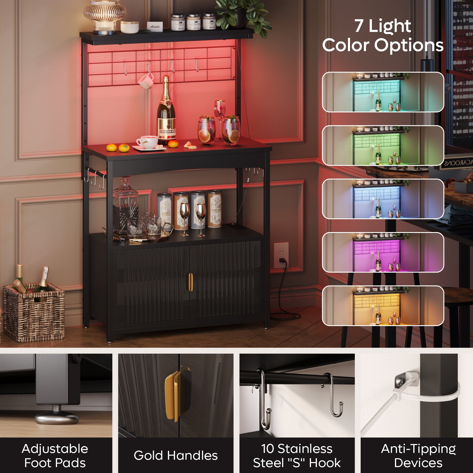 Bestier Bakers Rack with Power Outlet, Height-Adjustable 45" to 55" Kitchen Microwave Stand with Sstorage Cabinet, Coffee Bar Cabinet with LED Light, Kitchen Stand with 10 S-Hooks (Black)