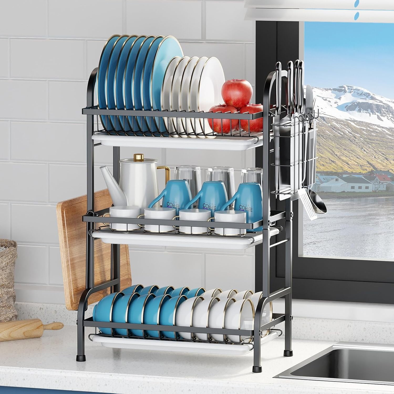 3 Tier Dish Drying Rack, Large Stainless Steel Over The Sink Dish with Drain Tray, Kitchen Dishes Drying Racks, Dish Racks for Kitchen Counter Storage (Black)$$Home Decor, Kitchen, & Other