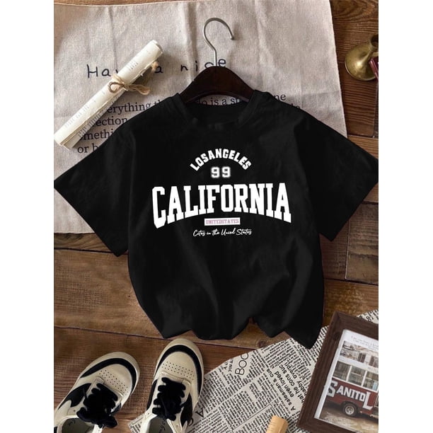 Alphabets LOS ANGELES CALIFORNIA Print Girl's Summer Comfy T-shirt, Casual Round Neck Short Sleeved Top For Summer Sports Activities & Daily Wear