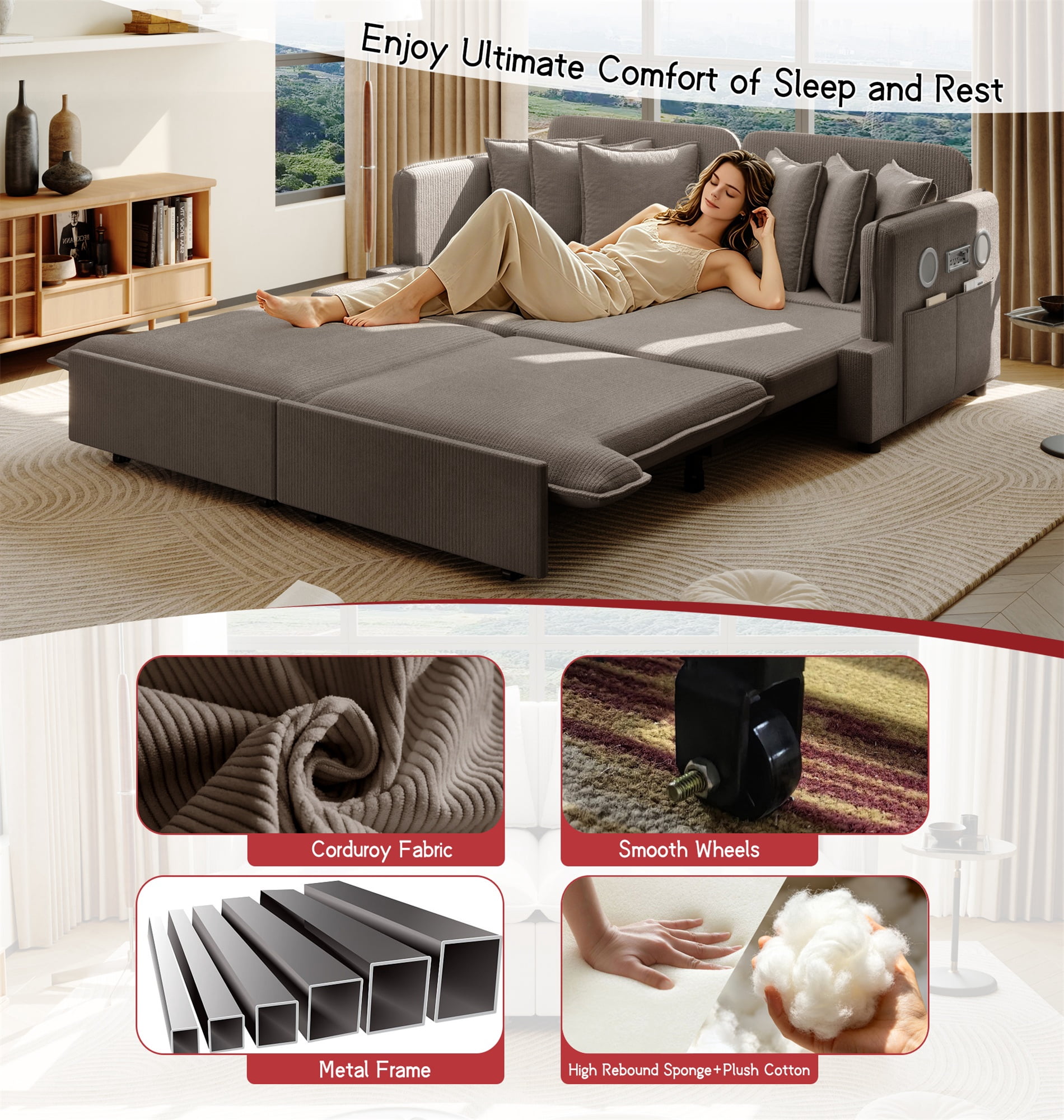 Alvantor 3 in 1 Convertible Sleeper Sofa Bed, 68" W Pull Out Sofa Bed with Bluetooth Speakers, USB Ports for living room, Apartment, Brown