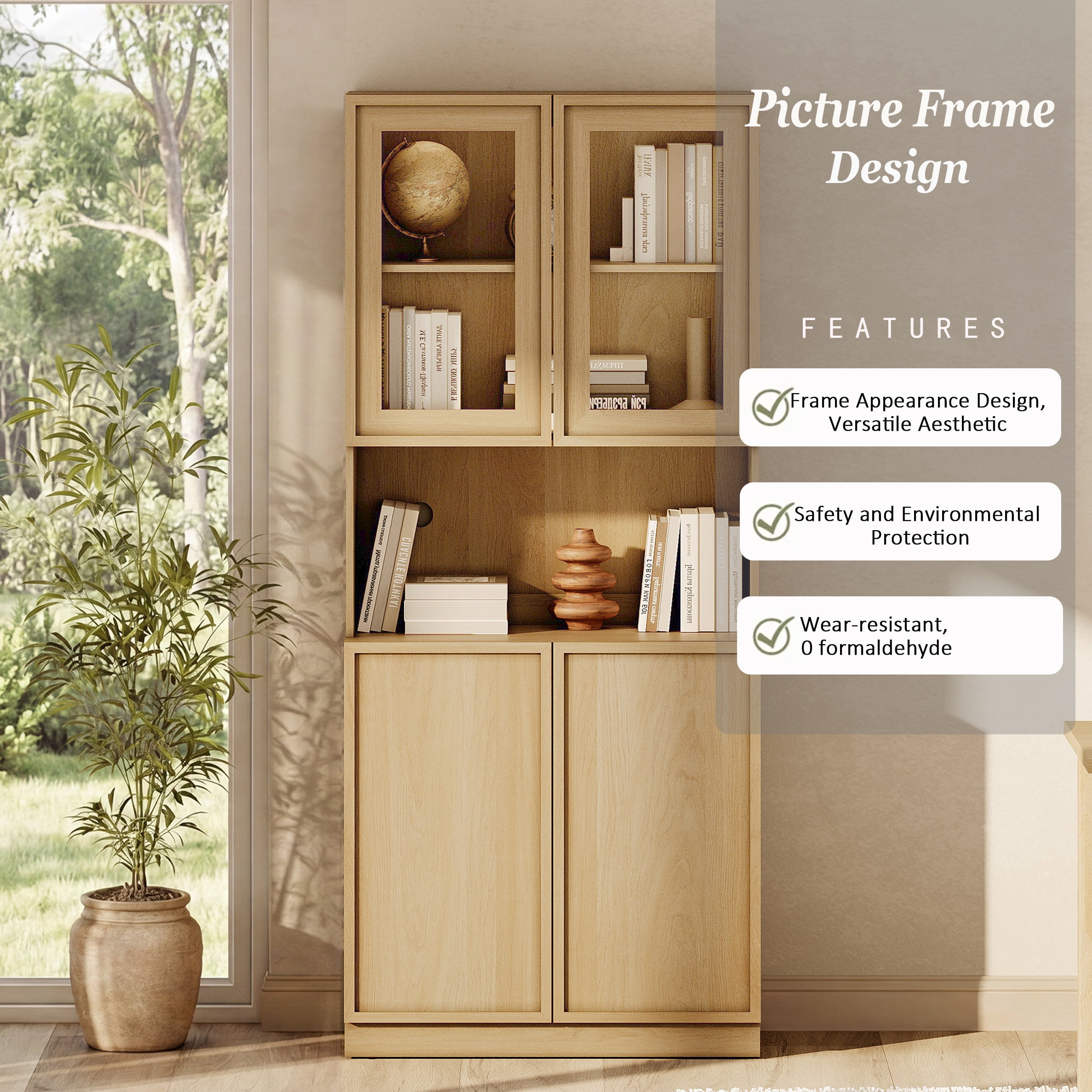 Modern 72" Tall Bookshelf with Glass Doors & Adjustable Shelves, Wood Bookcase with Closed Storage Cabinet,Oak