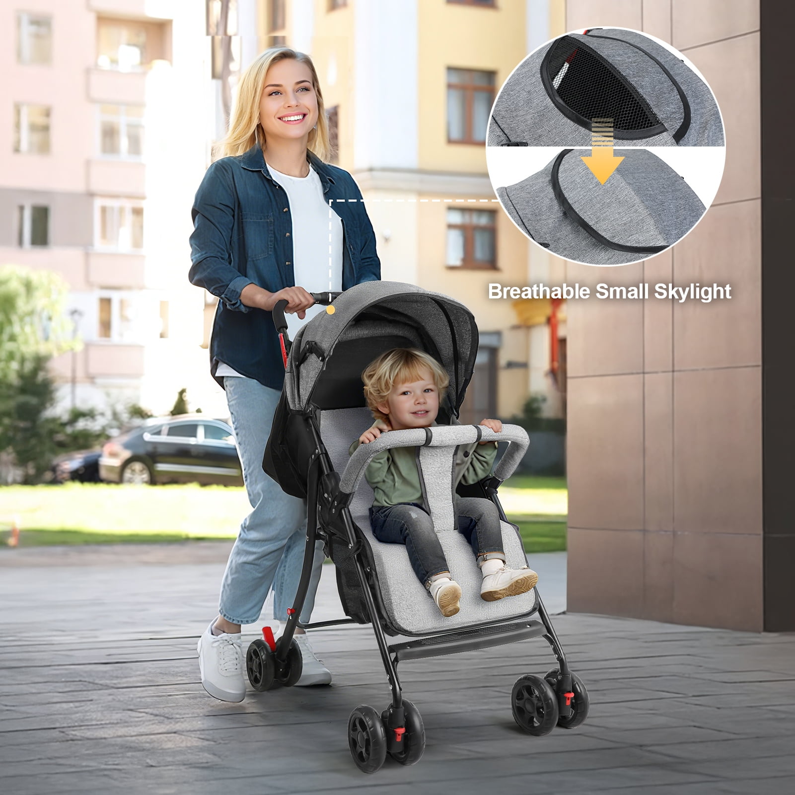 Tereitr Travel Baby Stroller, One-Hand Folding Infant Pushchair with Adjustable Backrest, Canopy, Storage Basket, Up to 10kg