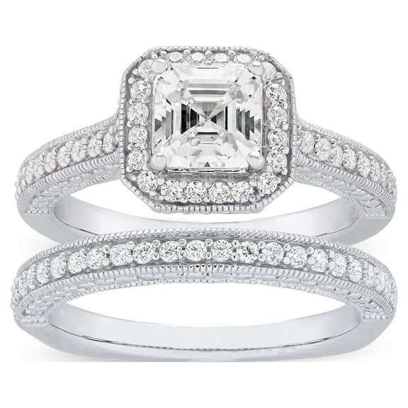 Jay Heart Designs 925 Sterling Silver Simulated White Diamond Squared Bridal Engagement Ring Set