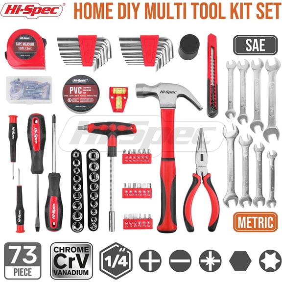 73pc Home and Garage Tool Kit Set. Essential Household and Auto Repair Tools. Includes Pliers, Sockets, Wrenches and a Hex Key Set in a Toolbox Carry Case