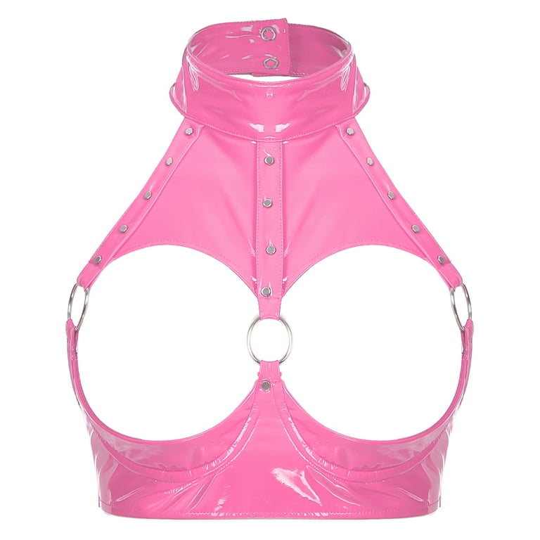 YONGHS Women's PVC Leather Mini Bra Top Exposed Breasts Nipples Bra Latex  Sleeveles Vest Tops Hot Pink XL 